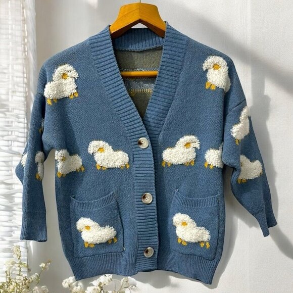 Vintage Sweaters - Cozy Lamb Sheep Textured Knit Varsity V Neck Blue Cardigan Sweater M